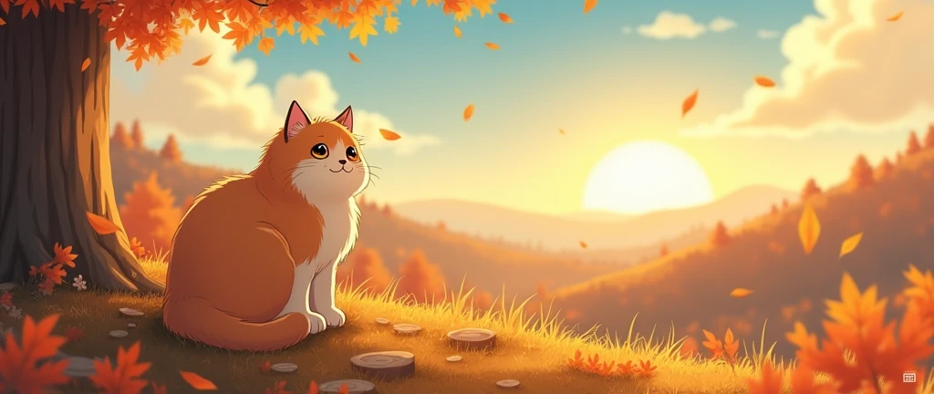 Cat, Cozy Anime ,Lofi ,Ultrawide ,Ghibli vibes , Wide view ,Fall ,landscape