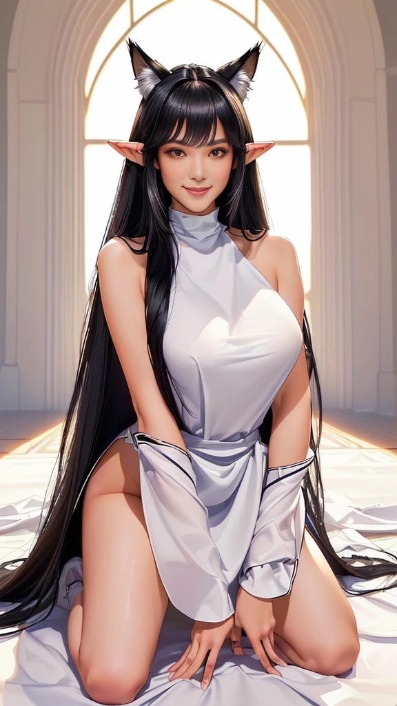 (（（Perfect body,（（（Ping Ping）））,（（（Black long hair，Pointed ears，Fox fur skirt，Fox Tail））），((masterpiece)),high resolution, ((Best quality at best)),masterpiece,quality,Best quality,（（（ Exquisite facial features,Looking at the audience,There is light in the eyes,Smile））），Kneeling on the ground，Bird&#39;s-eye view）））,（（（Light and shadow,Huge breasts，）））,（（（Looking at the camera,White background,)））)