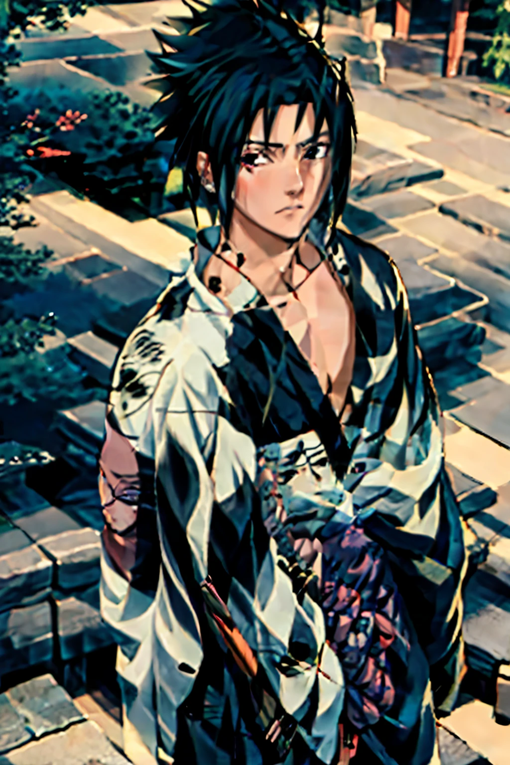 Sasuke uchiha, (Sasuke), beautiful face, masterpiece, best quality, (1 man), 25 years, mature, short hair, elegant nose, pale skin, broad shoulders, korean hair, black hair, korean face, (one of the eyes covered by bangs) black eyes, wearing kimono, ninja clothes, shinobi, feudal japan, from above, depth of field, feudal city, end of day, twilight, dusk, dark theme, Masashi Kishimoto Traces