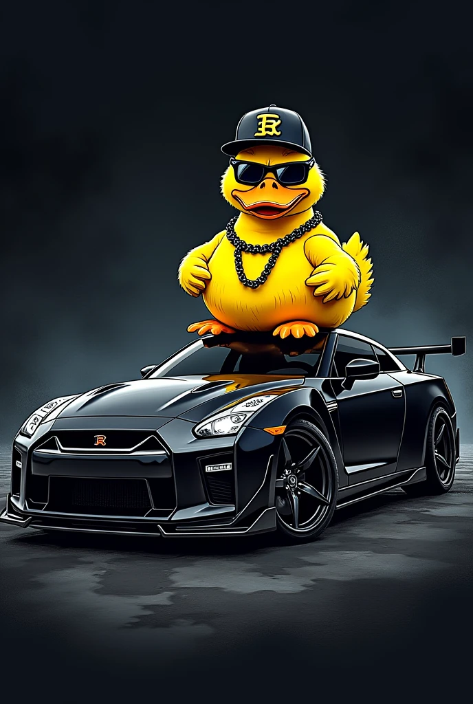 Create a yellow duck on top of the car with sunglasses, a chain and a cap. The duck has a bad guy style with a large black sports car with foam or something on a black background. This is for my car wash business in drawing format.