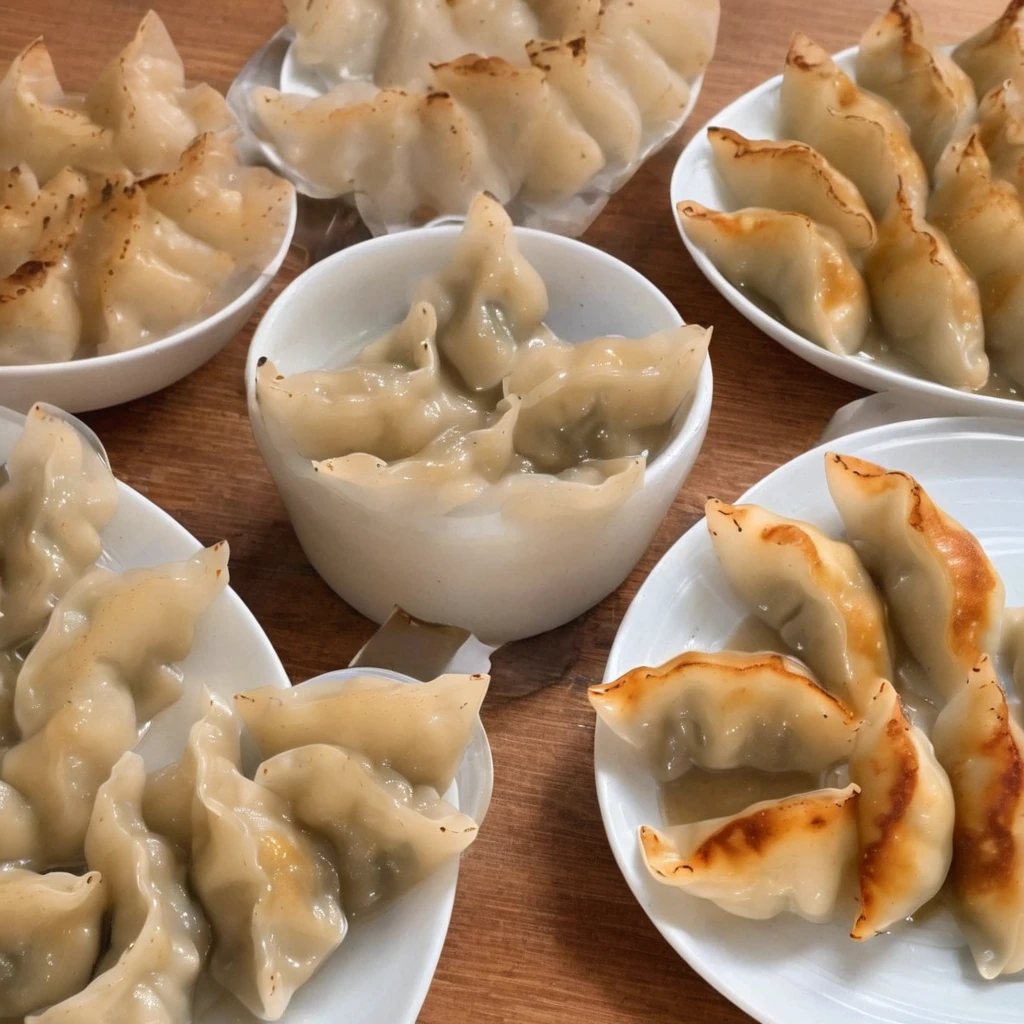 ((One side is brown and discoloured)).((Baked dumplings)),((crescent shaped gyoza:1.5))、((You can see the minced meat through the skin...))、These dumplings are made from wheat flour dough rolled out thinly and shaped into semicircular shapes....、Please put a lot of dumplings on a small plate.、There is fried rice next to it..、People who eat them々、
