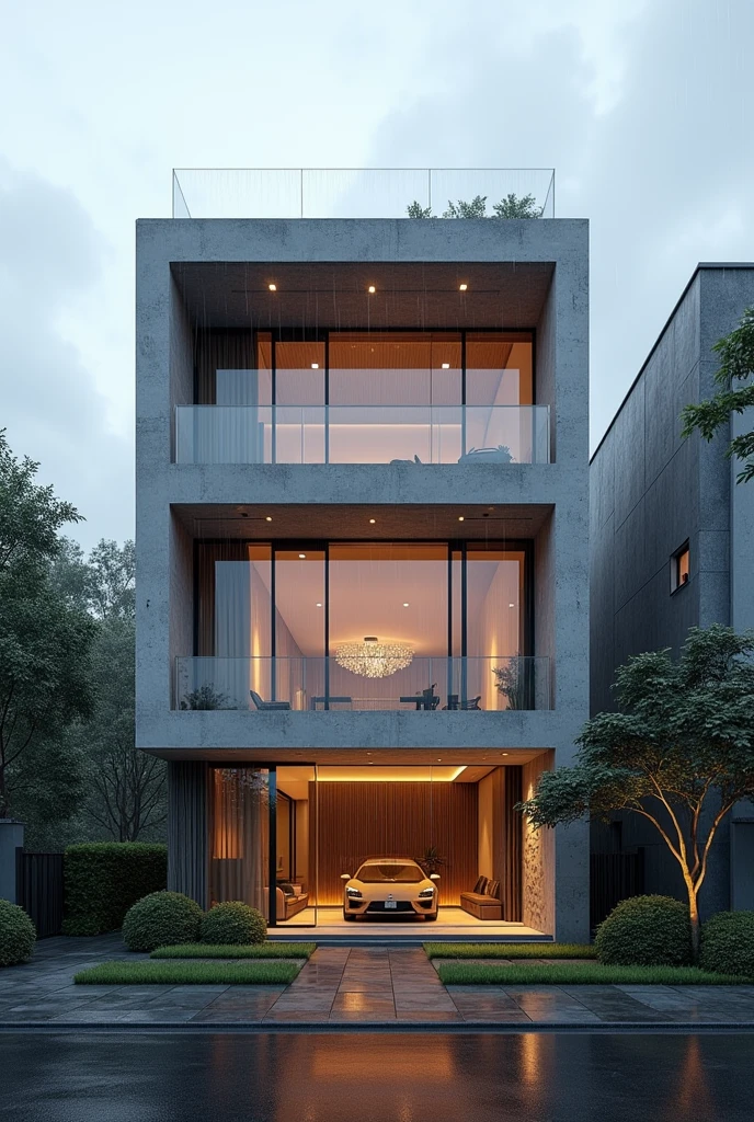 ((best quality)), ((masterpiece)), (detailed), perfect facade architecture , residential facade architecture , modern exterior view , high qulity rendering architecture , rainy day , larg window , 6th floors ,