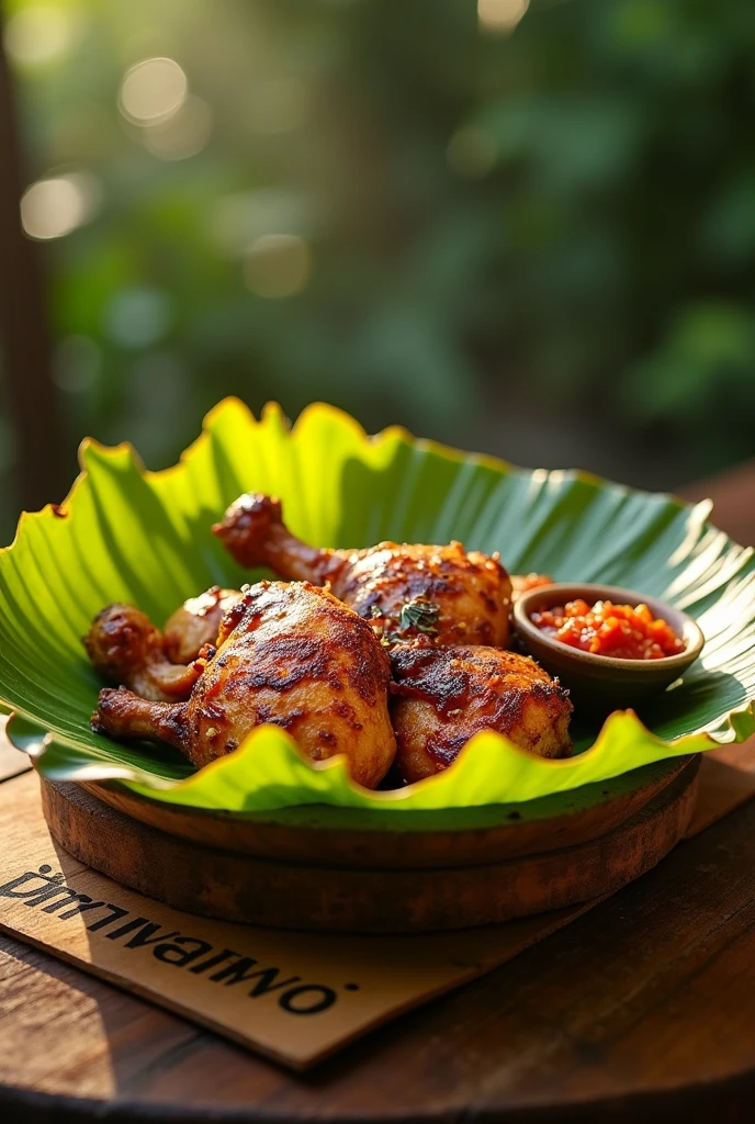 A realistic photo of grilled chicken served on a banana leaf with a side of spicy sambal. The dish is placed on a wooden table with the word 'DAMIAN' engraved on it. Natural light creates a warm atmosphere, with a blurred background.