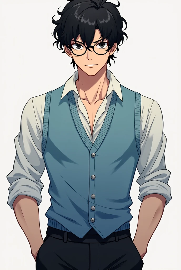 hot anime guy, lecherous smile, possessive, serious, black curly bangs, black eyes, round glasses, white shirt and light blue wool vest, black wide-leg pants