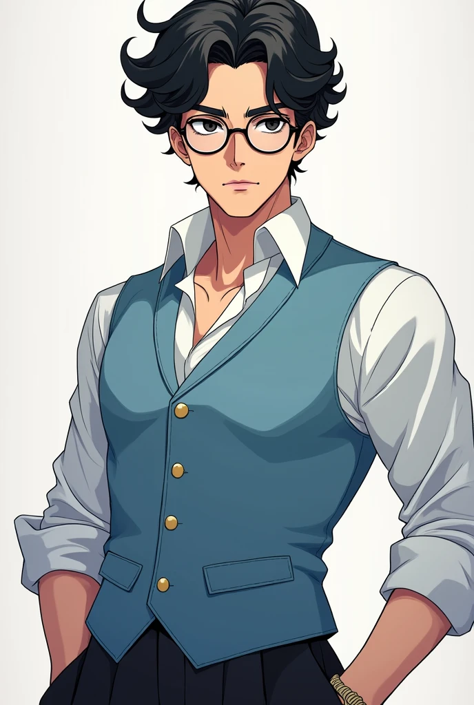 hot anime guy, lecherous smile, possessive, serious, black curly bangs, black eyes, round glasses, white shirt and light blue wool vest, black wide-leg pants