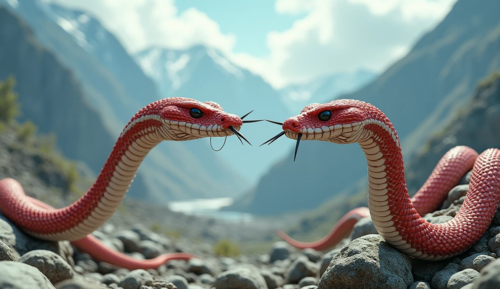 There are white jade ore on the mountain，There are also many pit vipers with red and white rings and a spike on their noses.（best quality，4K，8k，High level，masterpiece：1.2），Ultra Detailed，（lifelike，Photo real，Photo real：1.37）