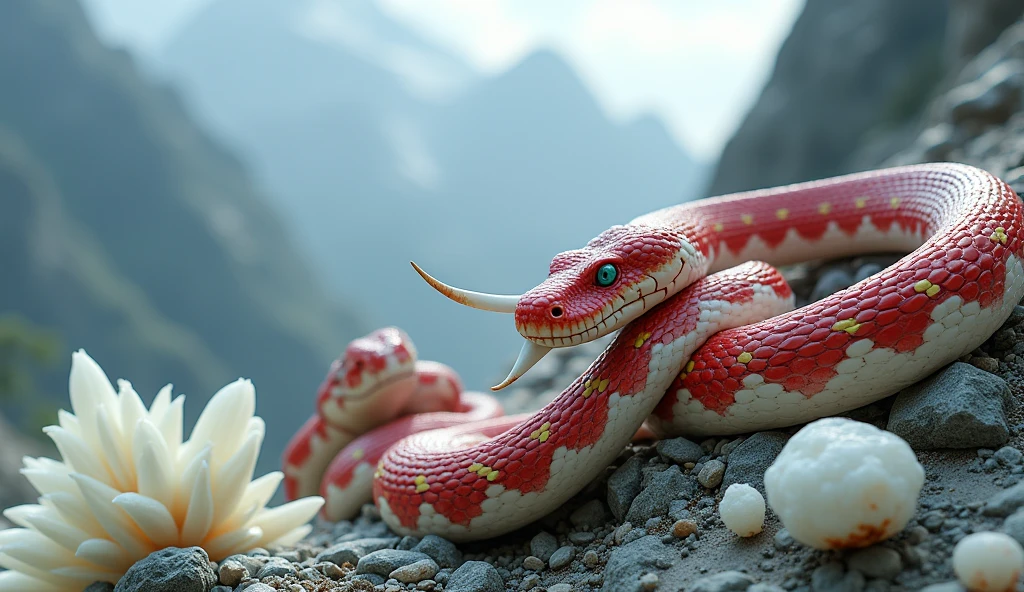 There are white jade ore on the mountain，There are also many pit vipers with red and white rings and a spike on their noses.（best quality，4K，8k，High level，masterpiece：1.2），Ultra Detailed，（lifelike，Photo real，Photo real：1.37）