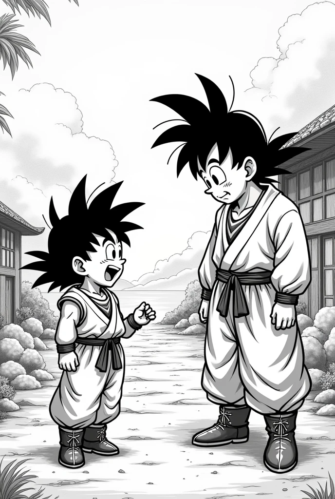 Goku as  arrives at Master Kame&#39;s house and tells him what he saw, drawing style hq manga dragou ball z above generated black and white