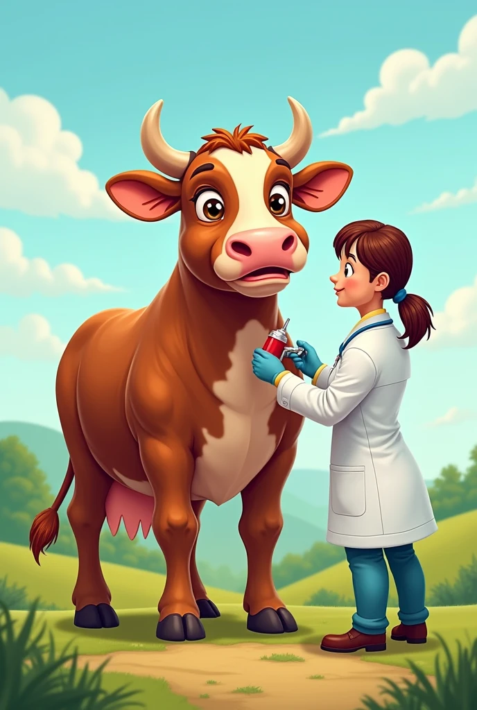 Blood collection from jugular vein in a full brown Jersey cow cartoon