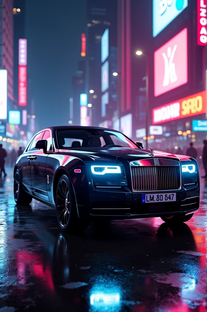 Black colour Rolls-Royce with neon lights in city in night 