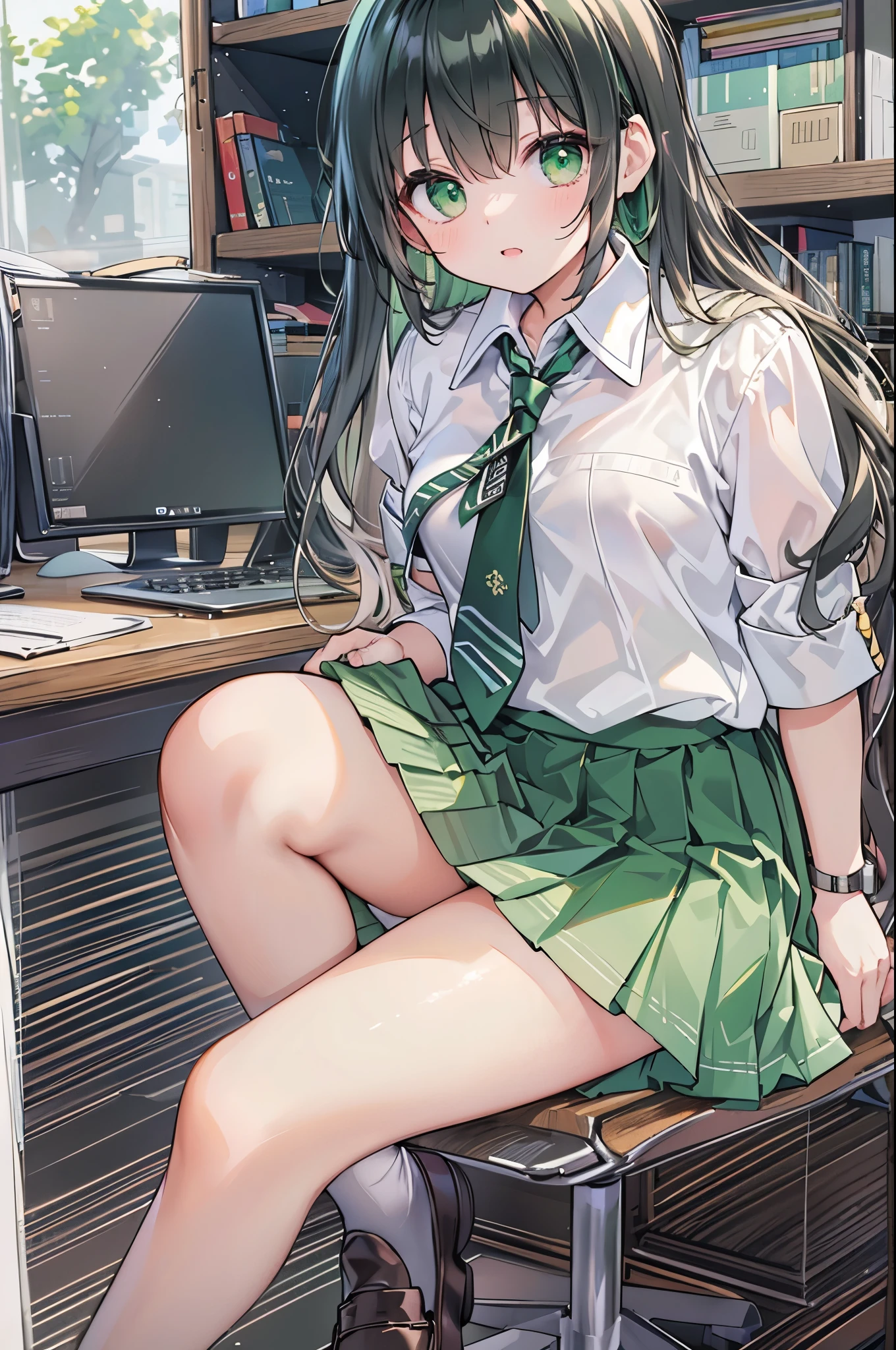 ((Highest quality, 8k, masterpiece: 1.3)), whole body,1 personの,1 person,,Glamorous Body,cute,Untidy look,Black Hair,Beautiful emerald green eyes,Long Hair,((White short-sleeved blouse,tie)),((Green pleated mini skirt,loafers)),In the classroom,Sit on a chair,He buried his face in the desk.,
