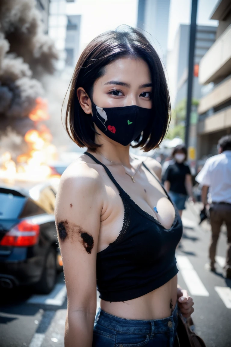 A riot peoples revolution in Indonesian, a young sweet beautiful Indonesian georgeus girl, twenty two years old, slim body, glamor and rich girl, crying out being pulled and draging down brutaly by some peoples to the street court, very messy hairs, ssome makeup still remain on her pretty face, he got many punishment by the peoples, only wearing her damage and dirty underwear after her clothes has torn aparts and destroyed, sone bloody wounds on her skins, sadistcs and horrible situation, realistics, detail and natural,