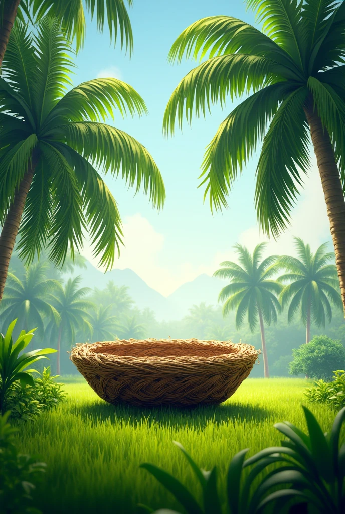 Create malaysia independent day at paddy field surrounding by coconut tree and big big nest at the coconut tree, make it center in poster