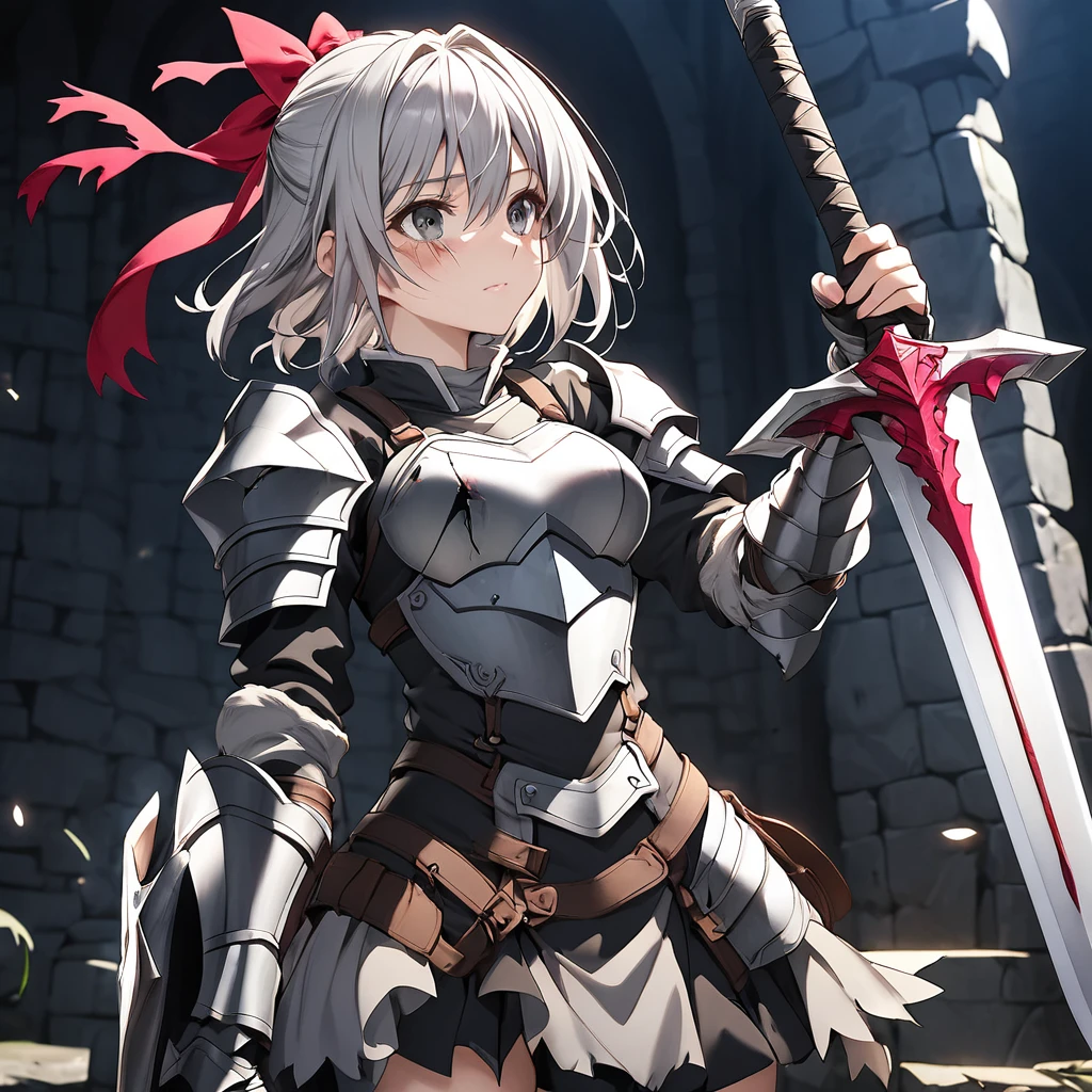 1 female, goblin slayer \(goblin slayer!\), goblin slayer!, armor, holding sword, Grey short hair、Grey Eyes、Short Sword、Small shield、Armor full of scratches、 Dungeon Break Masterpiece、Beautiful attention to detail:1.2, Perfect lighting, (perfect hand, perfect anatomy), Precise depiction、Vibrant colors