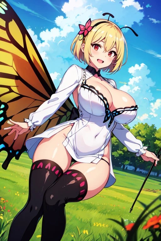 1girl,solo,antennae,black hairband, (long blonde hair),hair between eyes,hair flower,hair ornament,hairband,smile,red eyes,open mouth,(huge breasts:1.2),cleavage,(butterfly girl),butterfly wings,crazy straw,day,dress,flower,grass,high heel boots,light blush,long sleeves,looking at viewer,outdoors,short hair,thigh boots,blue sky,cloud,