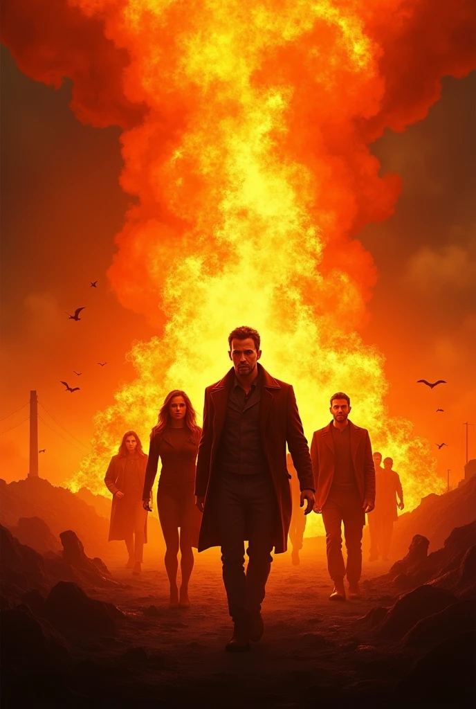 Create a movie poster design, fire explosion, warm color tone