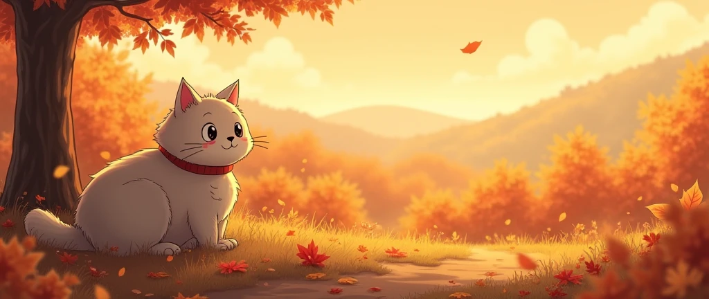Cat, Cozy Anime ,Lofi ,Ultrawide ,Ghibli vibes , Wide view ,Fall ,landscape