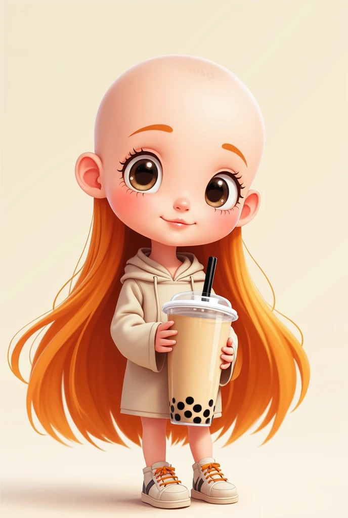 Cartoon of a girl with a bald head, no bangs, not bald, with long hair, holding a glass of pearl milk tea with a lid and a cute black straw, wearing a brand new milk tea-colored outfit.
