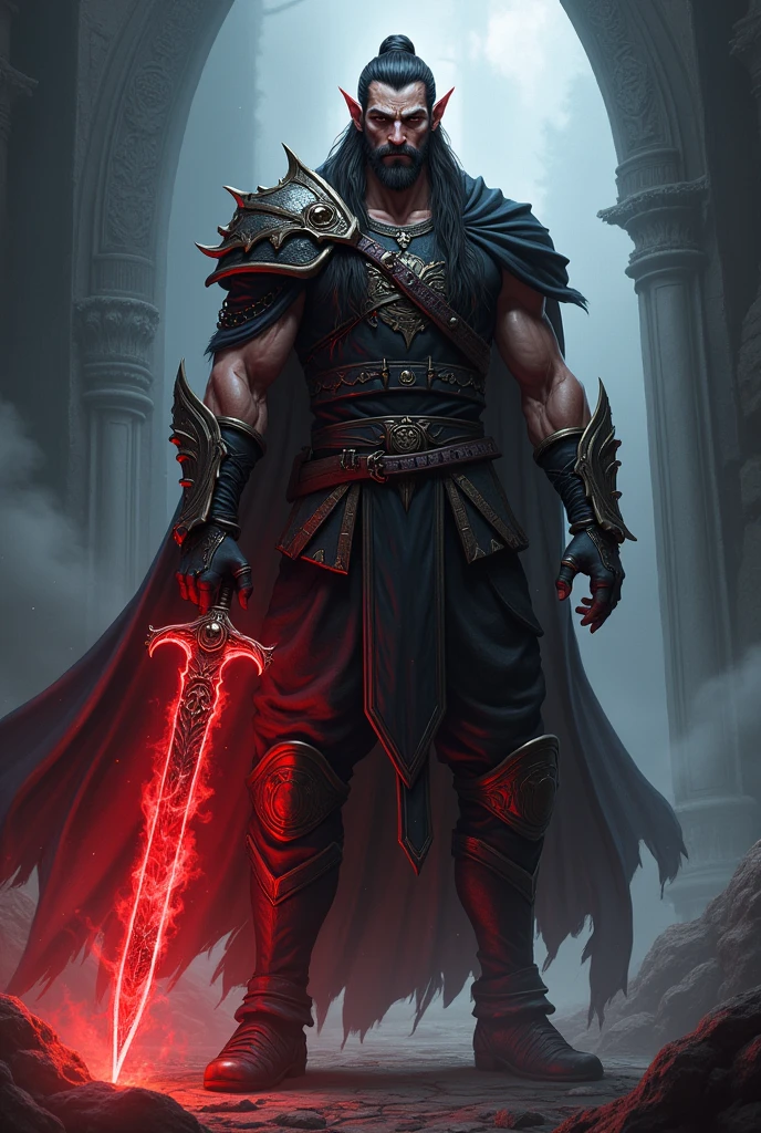 Generate an anime-style character with a half-elf appearance, with a sword with a red aura, this character has dark powers and scary eyes, this character has to be a man