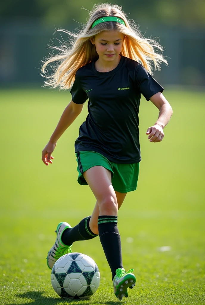 Photorealistic, Beautiful, white, female, , long blonde hair tied into a loose ponytail with a black bow, sky blue eyes, wearing black soccer shirt tucked into green soccer shorts, wearing knee high black socks, wearing green and white soccer cleats, running on soccer field, kicking soccer ball