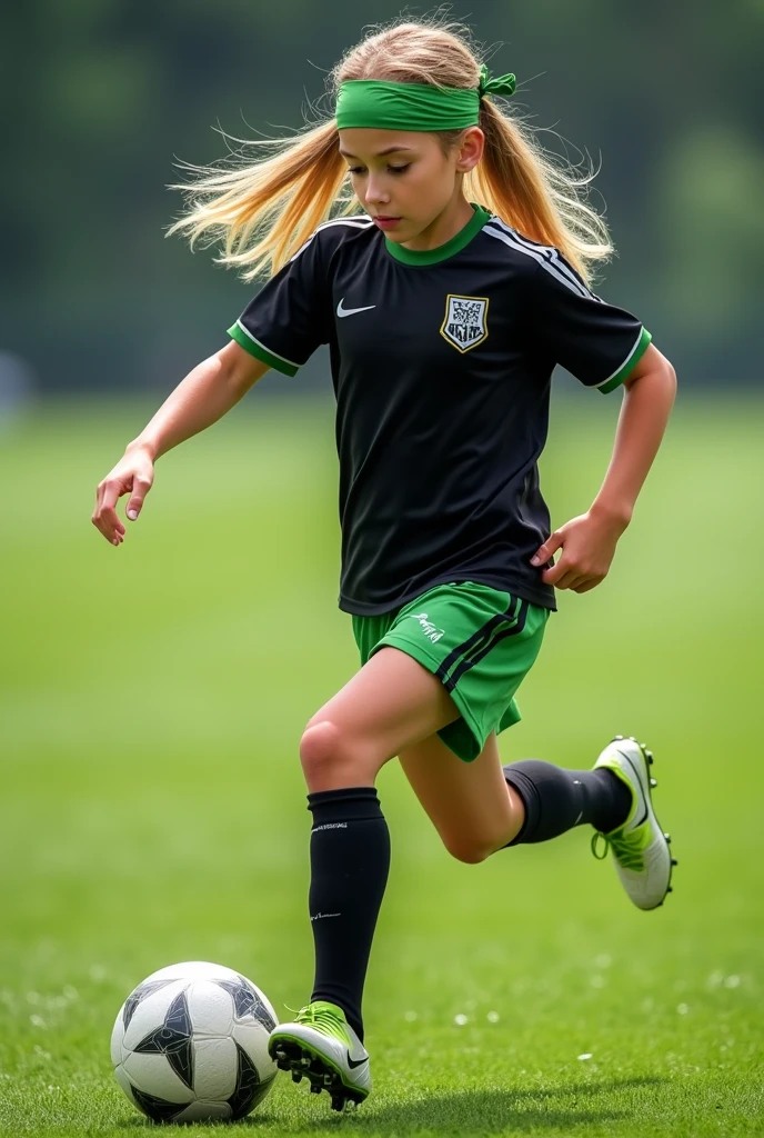 Photorealistic, Beautiful, white, female, , long blonde hair, sky blue eyes, wearing black soccer shirt tucked into green soccer shorts, wearing green headband, wearing knee high black socks, wearing green and white soccer cleats, running on soccer field, kicking soccer ball