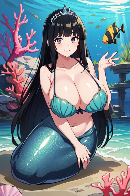 (8k, RAW photo, best quality, masterpiece:1.2),1girl,smile,((black hair, super long hair, shiny hair, blunt bangs, hime cut)), mermaid,(huge breasts:1.2), Showing her breasts, breasts out, ((Sea shell bra,))Princess Tiara,Pearl decoration,jewel decorations,Undersea background,under the water, fish tail,