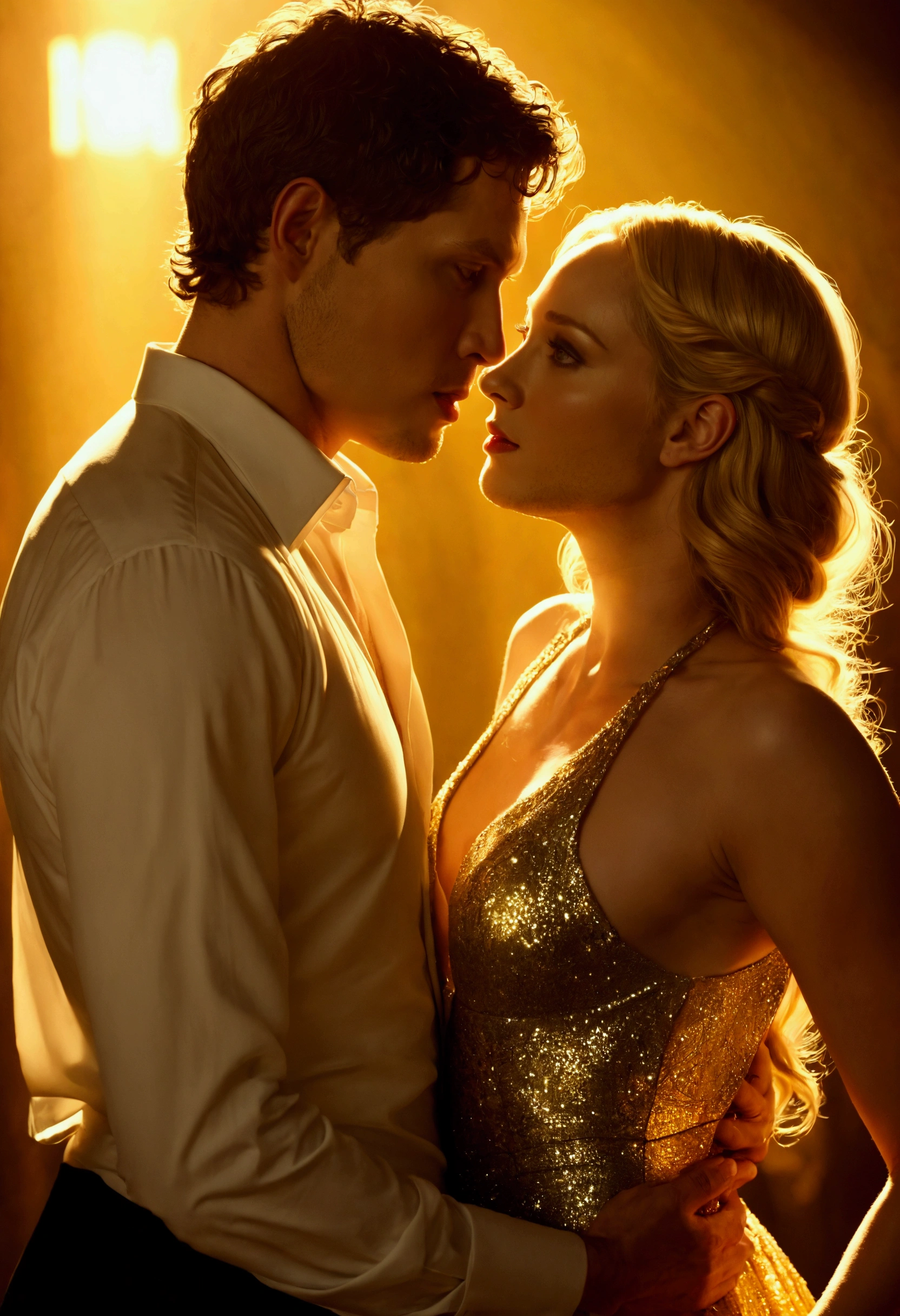 They are in a scene from the movie, full scene shot, por John La Gatta, photo of sexy movies, 8k sensual lighting, por Kurt Roesch, inspired by Joseph Morgan from Candice Accola as a casal, bathed in golden light, full - length photo, Top Quality Photos, approximate photo, close scene, por Derek Zabrocki