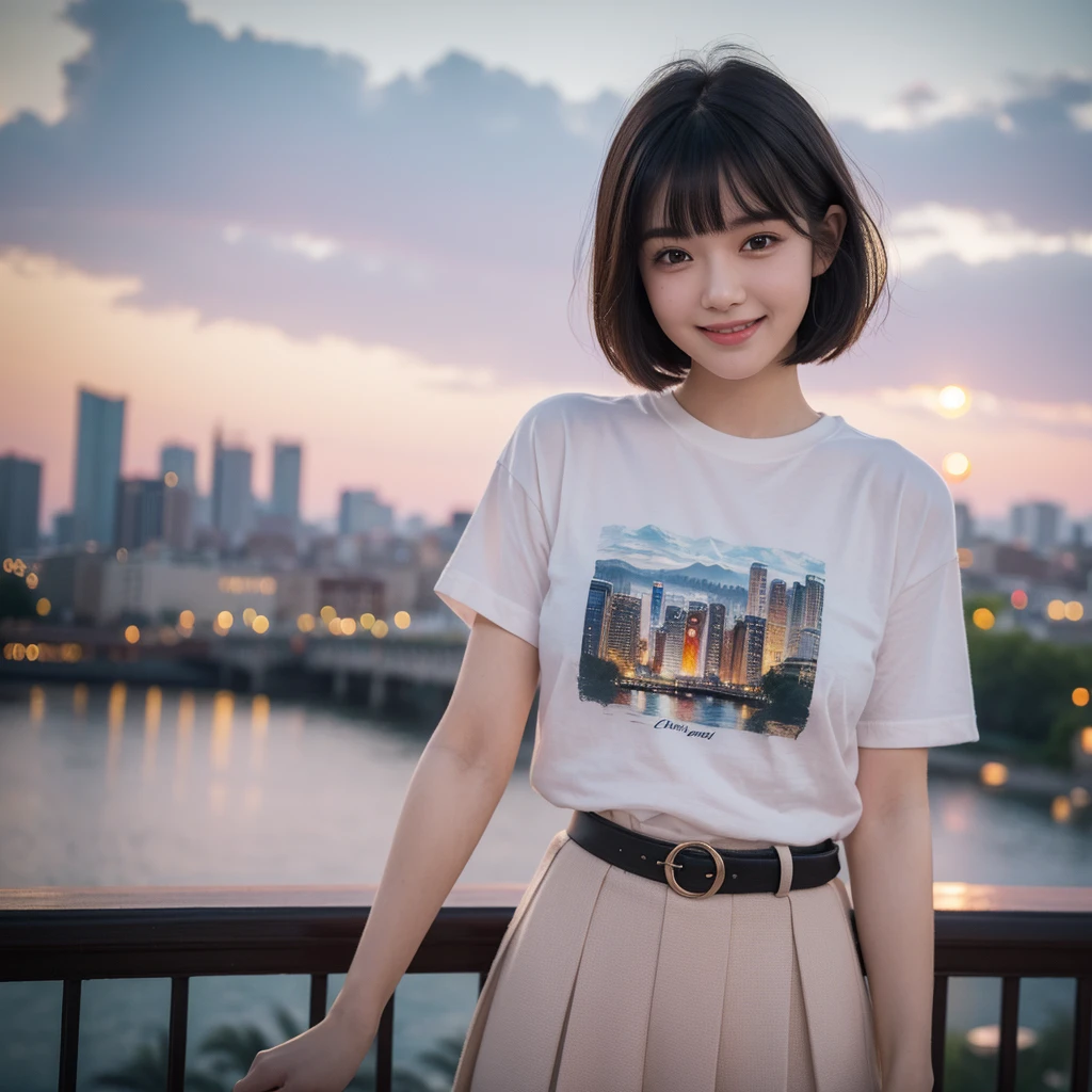 (Highest quality, masterpiece), one person, Intricate details, Beautiful detailed face, T-shirt and skirt, Evening cityscape, blush, Open your mouth, Black Hair, short hair, Blunt bangs, Happy, Are standing, Cowboy Shot,独奏, High resolution, smile,beautiful,cute,Dimples,High resolution,