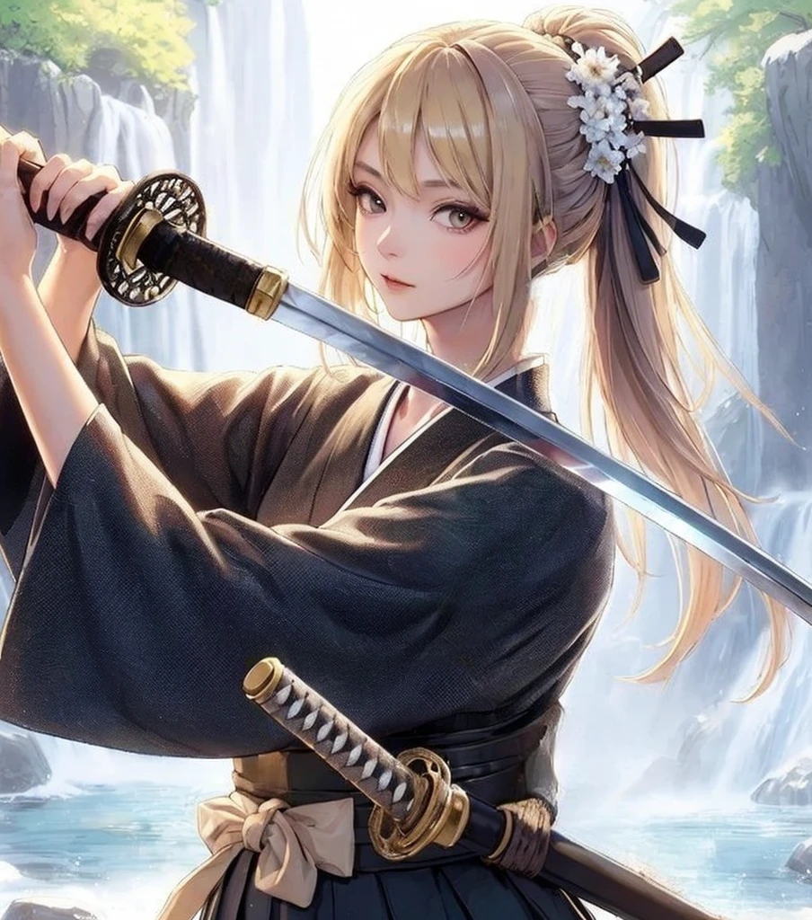 1 Woman Standing, (Holding Japanese sword), (Black kimono) (Black Hakama), Mature Woman, /(Beige Hair/) bangs, Cool look, (A light smile:0.5), Dignified, (Masterpiece Top quality:1.2) Delicate illustrations, super detailed, medium breasts break (Holding (knife:1.2)), (The blade glitters), (Holding sword sheath) break (Sacred Rocks) Outdoor, waterfall, Japan, noon, Detailed background twin tails,