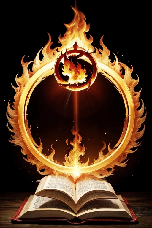 flames of fire on the side rising to the sky forming almost a circle. bible in the middle and a hand coming down, red arabesque with golden edges