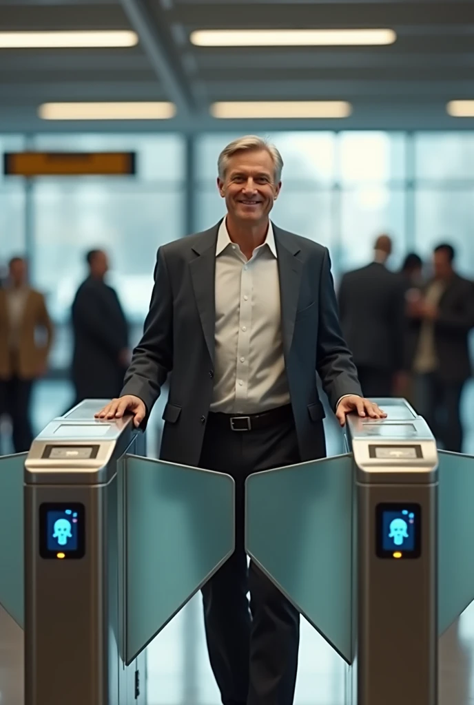 create a realistic video of a smiling man walking towards a turnstile with facial recognition.