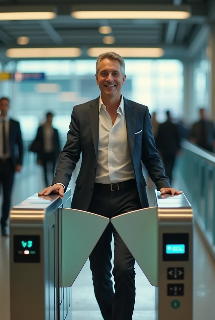 create a realistic video of a smiling man walking towards a turnstile with facial recognition.