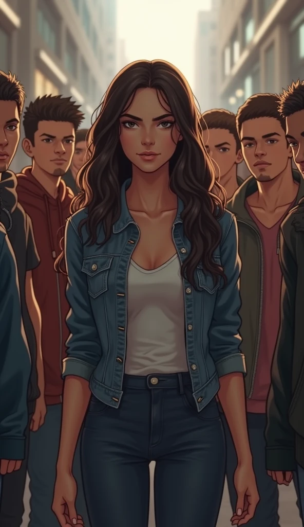 A girl stands surrounded by a group of boys who are behaving inappropriately towards the other girls around her.