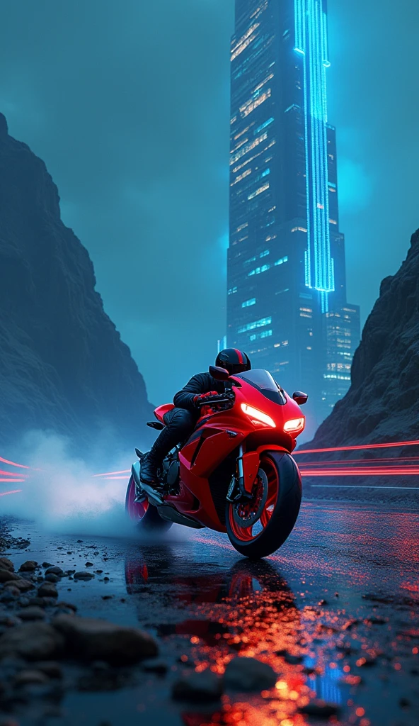 (Best quality, 8k, Masterpiece :1.2), hyper realistic, cyberpunk, at a mountain, an detailed red Motorcycle, When speeding, (Facing the audience), The blue skyscraper in the background, at night,