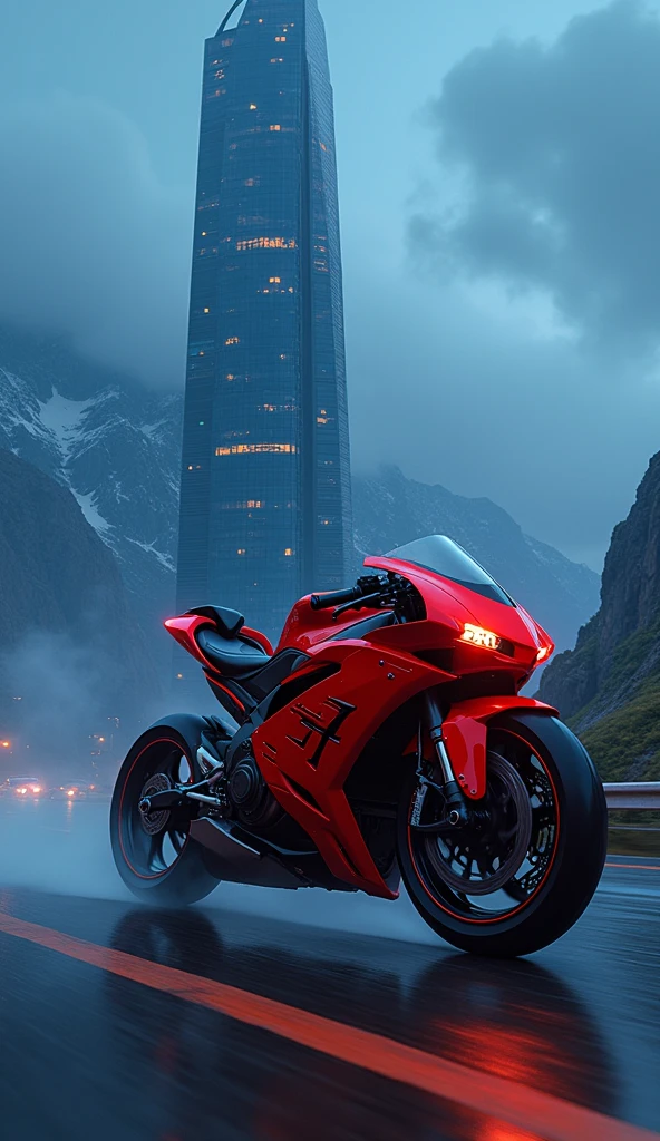 (Best quality, 8k, Masterpiece :1.2), hyper realistic, cyberpunk, at a mountain, an detailed red Motorcycle, When speeding, (Facing the audience), The blue skyscraper in the background, at night,