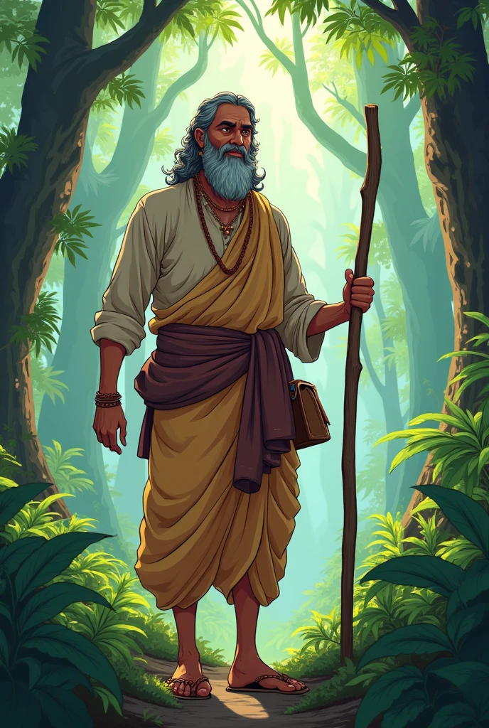 A shepherd, who is searching for something in the jungle, is holding a stick in his hand. He is wearing a dhoti and a kurta on top..create a anime image of that .jungle ke image pr Kam focus
