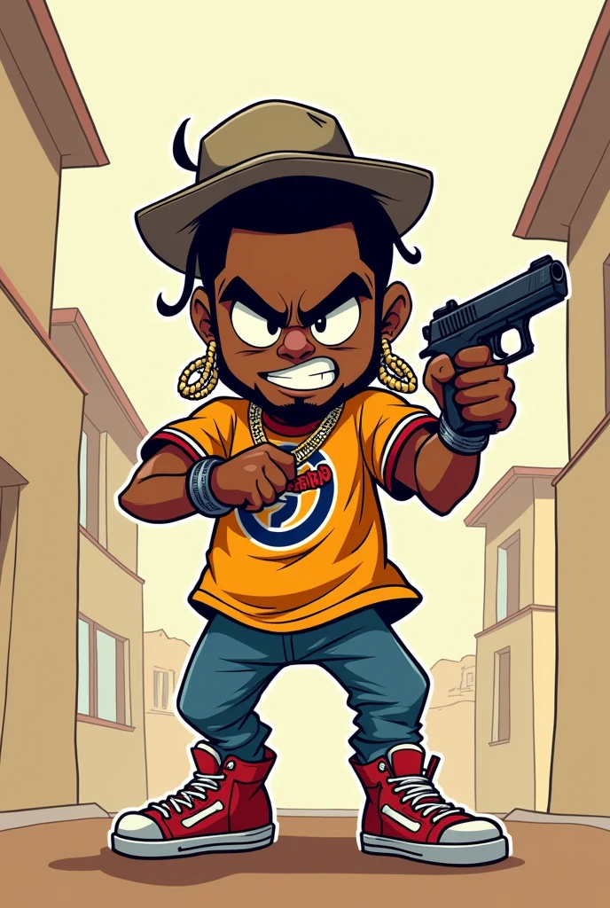 Make an image with cartoon drawing lines of a Rapper wearing a team shirt with a gun in his hand