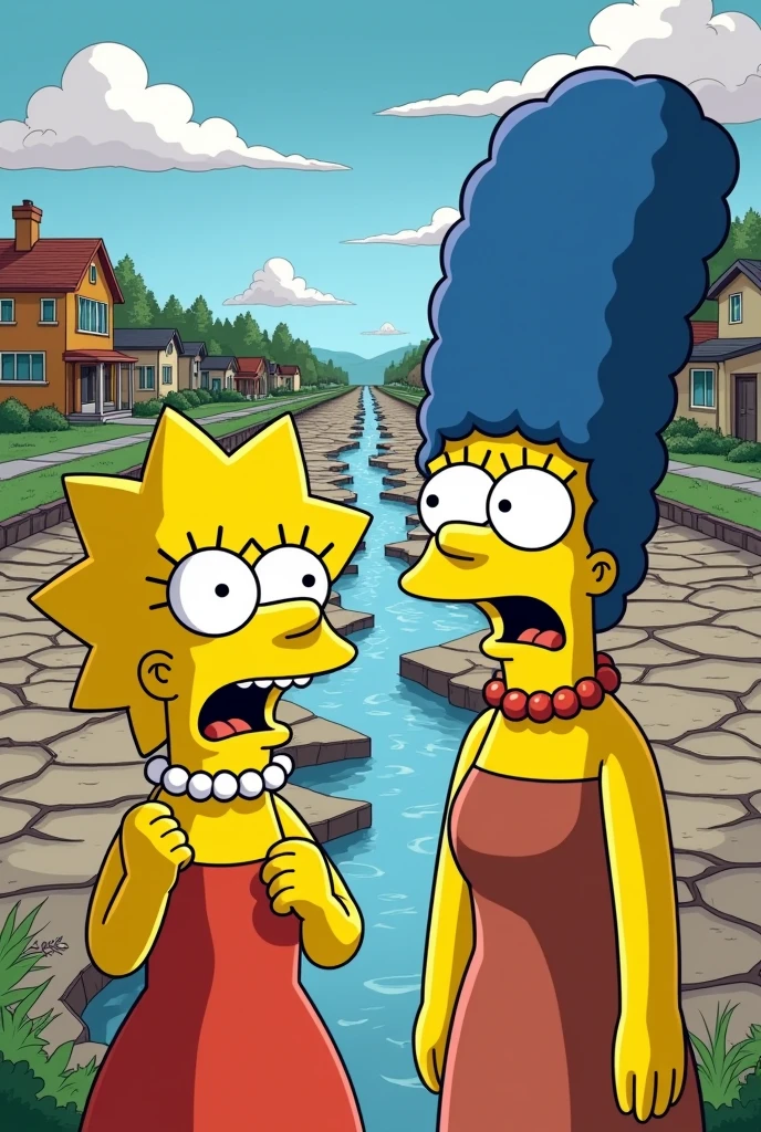 a simpsons style image of marge and Lisa simpson looking shocked and scared as the river has dried up