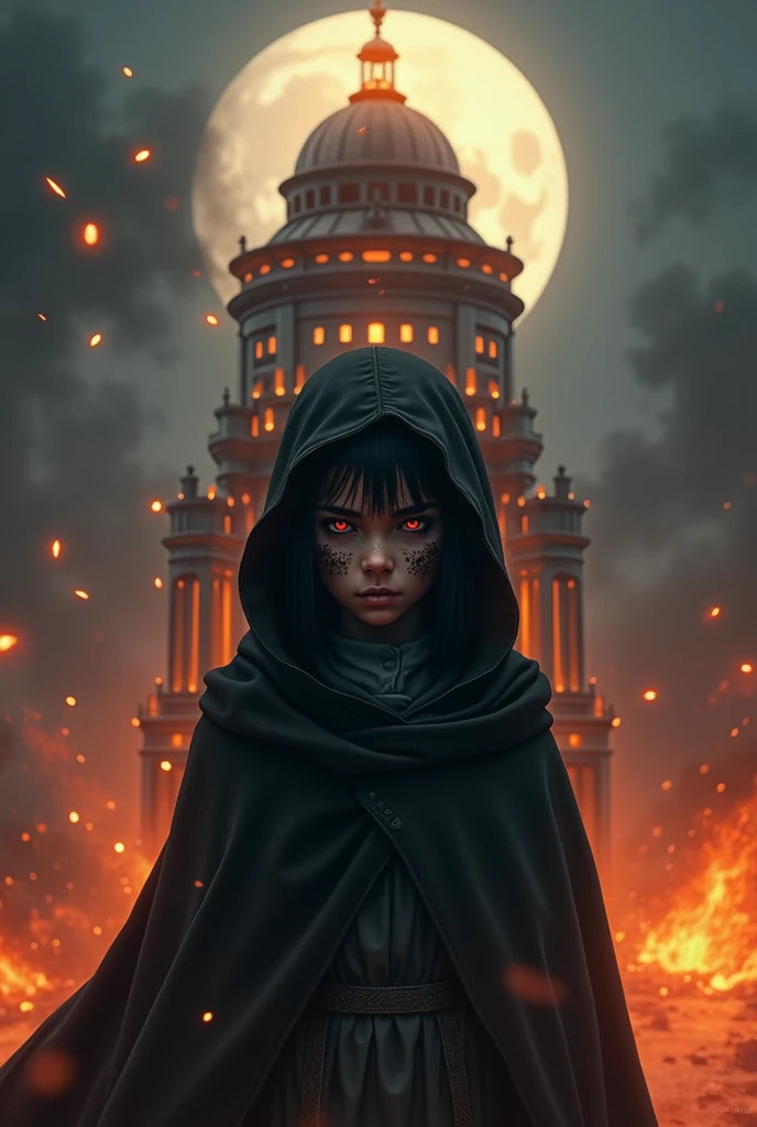 1 girl, black skin, black cloak with hood, dynamic lighting, dynamic angle, ((tower)), (burning tower), night, moon, fire everywhere, fire background, red eyes, soot on the face, dome of fire, tower on fire