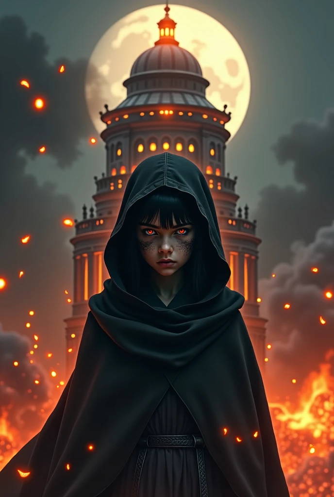 1 girl, black skin, black cloak with hood, dynamic lighting, dynamic angle, ((tower)), (burning tower), night, moon, fire everywhere, fire background, red eyes, soot on the face, dome of fire, tower on fire