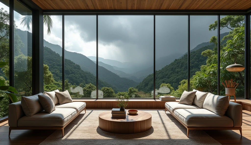 Scandinavian furniture,Modern and comfortable living room, There is a wall of windows, A tropical rainforest stretches out beyond the window., Under the Storm.