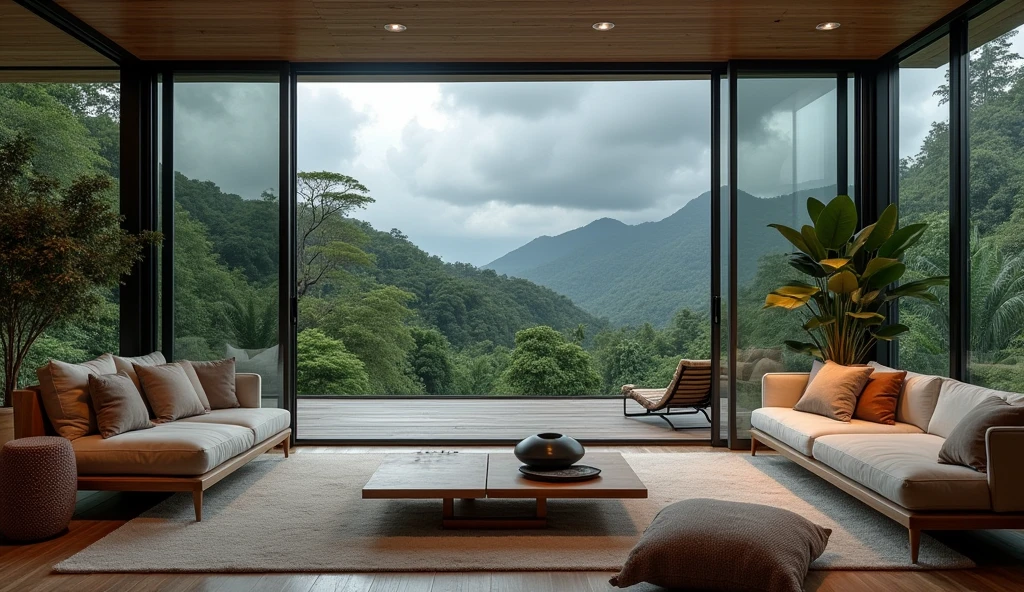 Scandinavian furniture,Modern and comfortable living room, There is a wall of windows, A tropical rainforest stretches out beyond the window., Under the Storm.