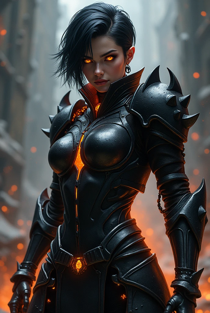 female berserker, perfect orange eyes, perfect short black hair, perfect black steel armor, orange line in armor, Line art, Detailed, dark ambient