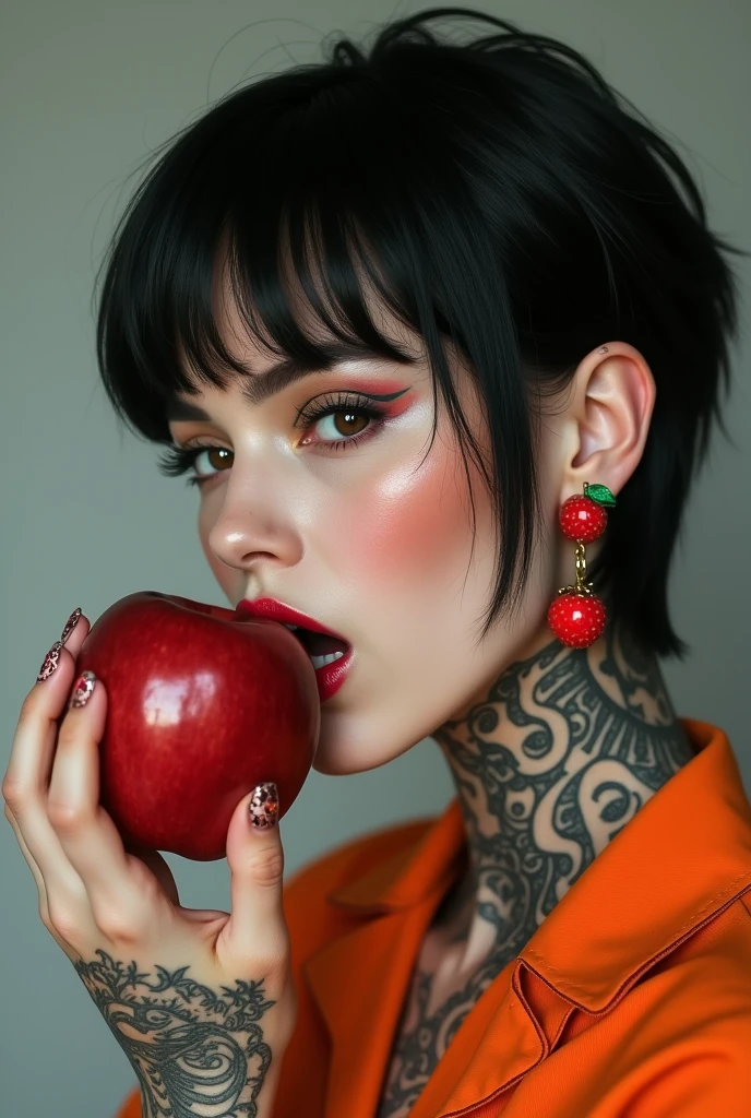 A woman with a Ouroboros tattoo on her left breast。He has very short black hair and wears an orange jumpsuit.。Eye color is black。She has apple-shaped earrings in her ears。He is biting into an apple in his right hand。
