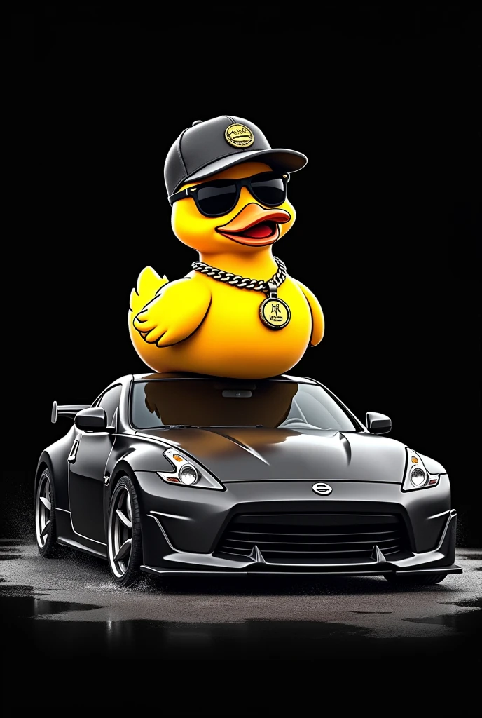 Create a yellow duck from ule and that is on top of the car with dark glasses with a chain with a cap the duck that has a bad guy style with a black sports car that is large with foam or something with a black background like that is for my car wash business in drawing format