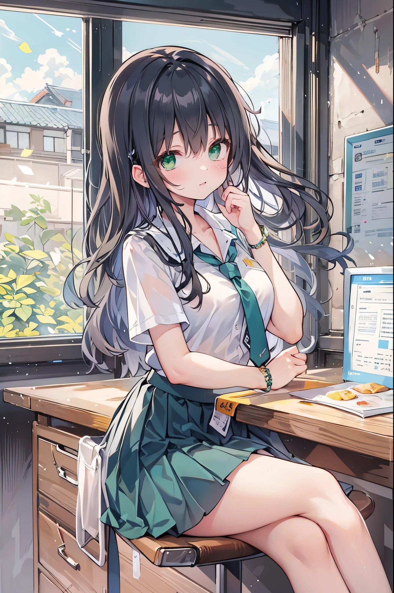 ((Highest quality, 8k, masterpiece: 1.3)), whole body,1 personの,1 person,,Glamorous Body,cute,Untidy look,Black Hair,Beautiful emerald green eyes,Long Hair,Close your eyes,((White short-sleeved blouse,tie)),((Green pleated mini skirt,loafers)),In the classroom,Sit on a chair,He buried his face in the desk.,