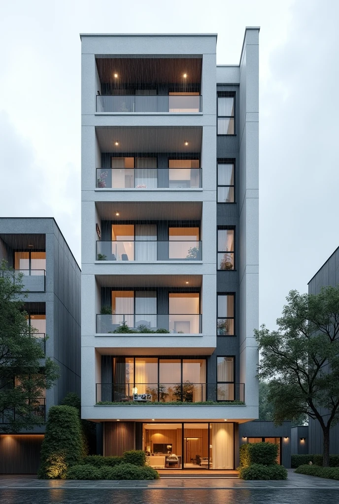 ((best quality)), ((masterpiece)), (detailed), perfect facade architecture , residential facade architecture , contemporary exterior view , high qulity rendering architecture , rainy day ,  , 6th floors , white stone material , 