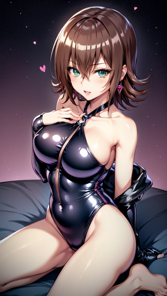 erotic、Tolve　Gomon、brown hair pixie cut、tall、 mature, Married women, Black shiny latex school swimsuit、邪evilな女戦隊ヒーロー, Pink and black background, Pitch-dark bedroom, Dark Theme, evil, lure, excited, A condescending grin, Lightly open your mouth、Kneel