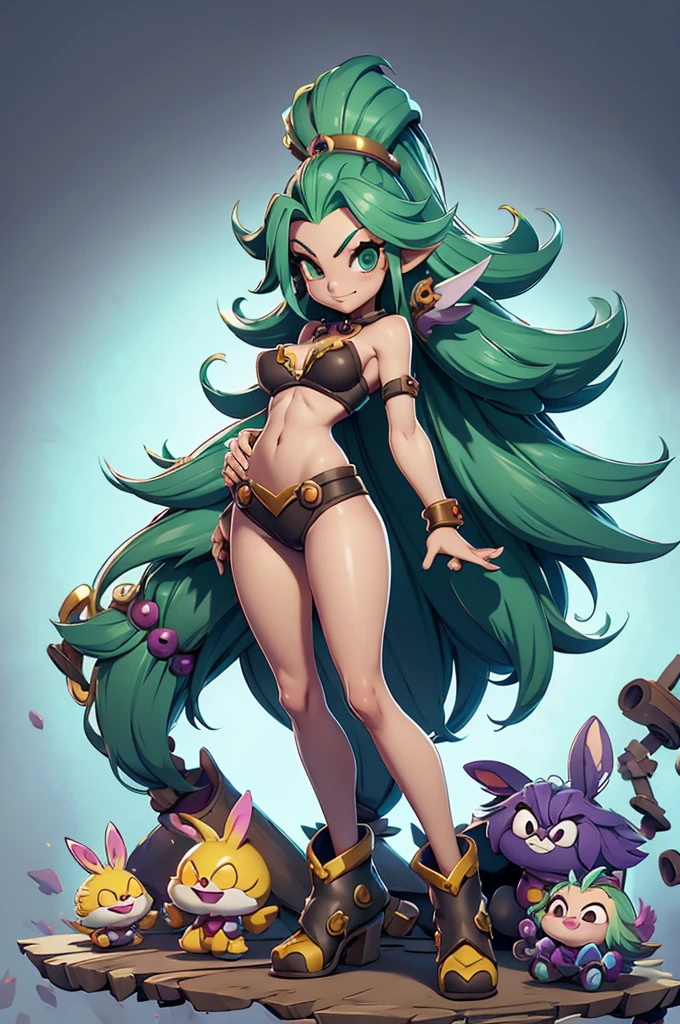 Rayman Legends style tree, character estilo art rayman legends, girl, fully body, ESTILO mercenary, Giant Accessories,Giant Monster, big breats,Little bunny,big breast, sensuality, elfo, mascot next door