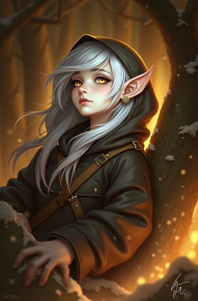 Silver Hair、Semi-long hair,{{{{{{{{ Black hoodie oversized }}}}}}}},Beautiful and delicate golden eyes,thought,Black clothes,Elf,fairy tale,forest,winter,Earrings,accessories,thought,Lean on,tired